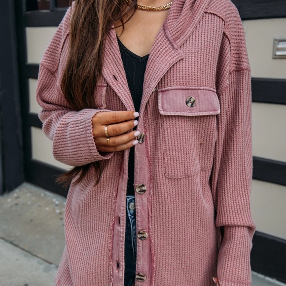 NWT Very J Mauve Thermal Waffle Knit Button Down Shacket Jacket Hoodie Hoody - Picture 5 of 11